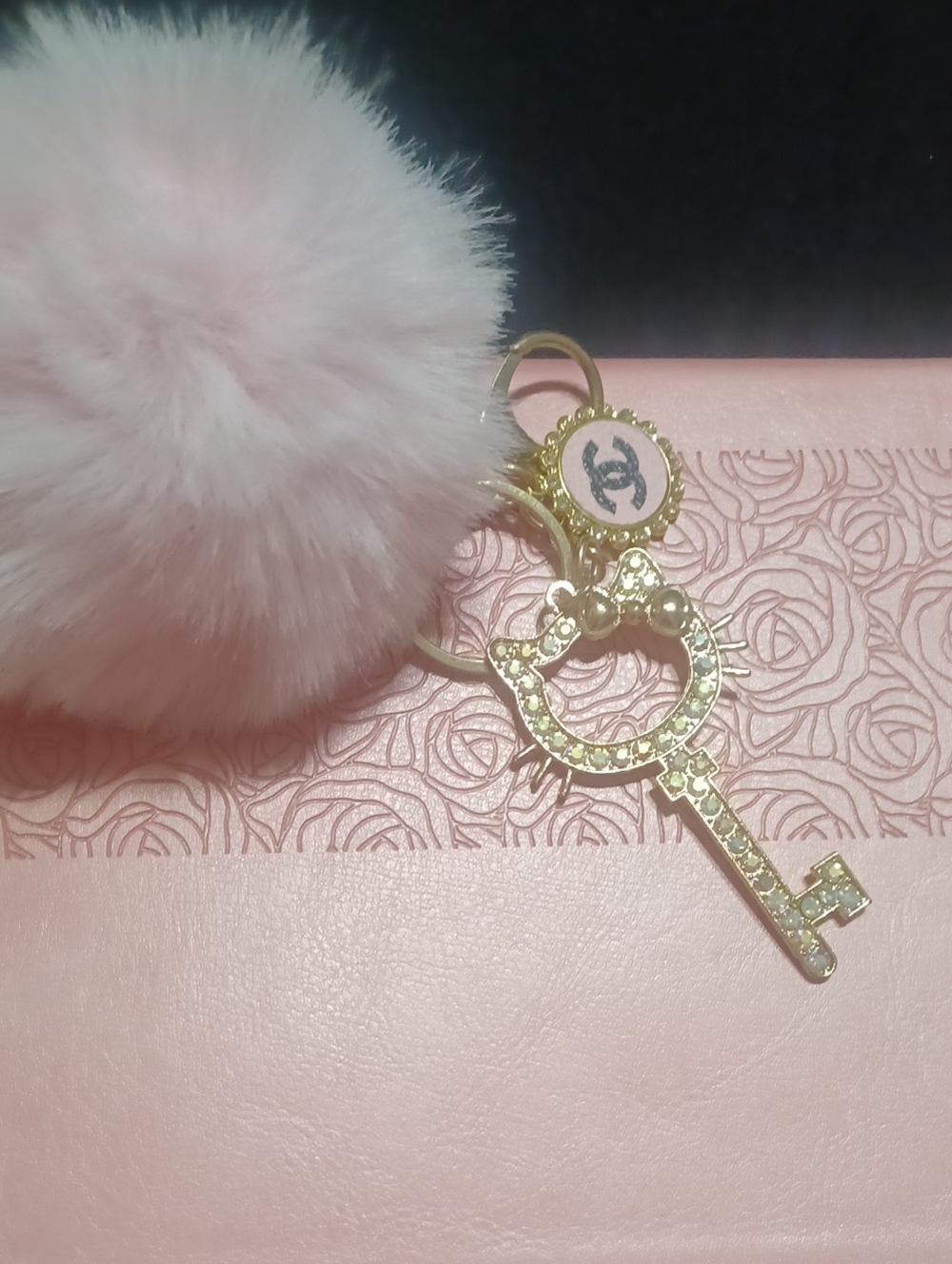 Irridessent Gold Key Charm Keychain with Pink Pom Pom- Inspired